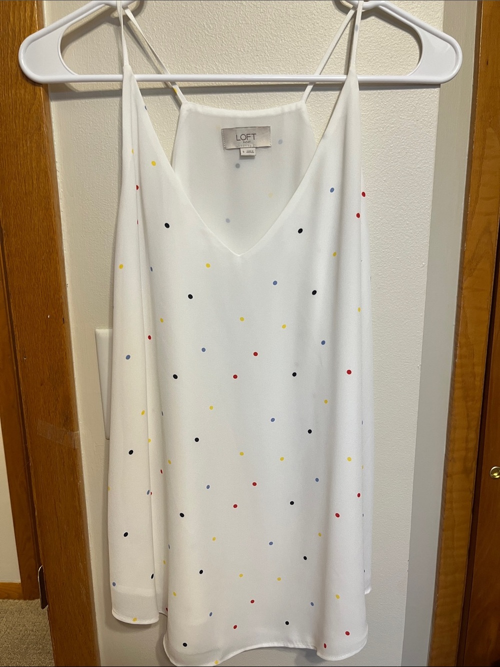 LOFT White multi-color polka dot thin strap blouse.